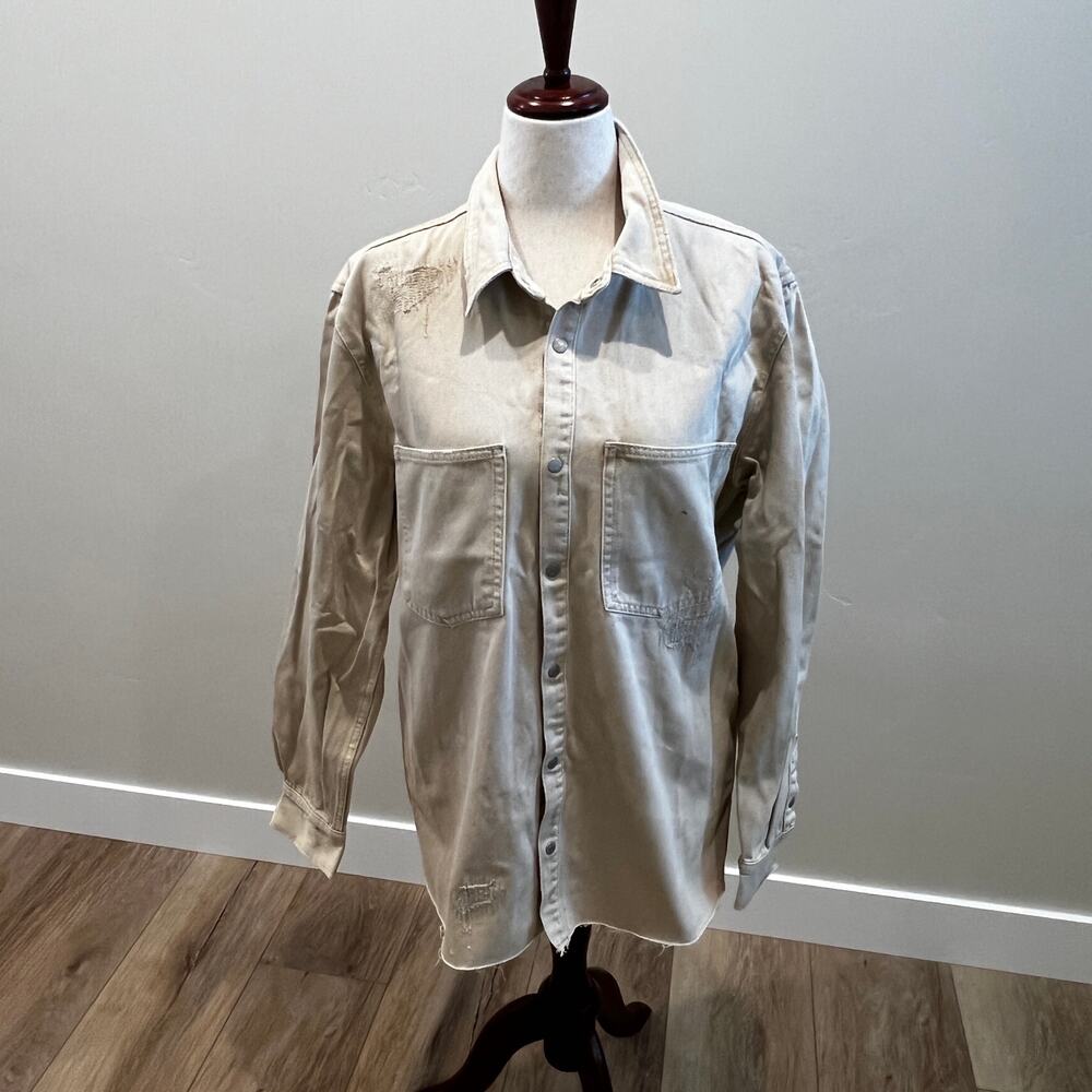 ZARA Men's Distressed Denim Overshirt Jacket Size L In Beige